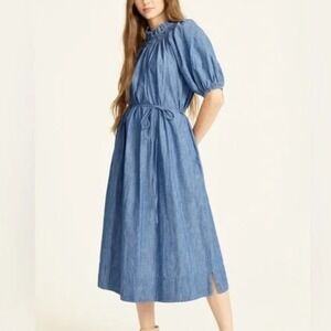 J Crew Chambray Smocked Neck Puff Sleeve Midi Dress‎ Blue XS
